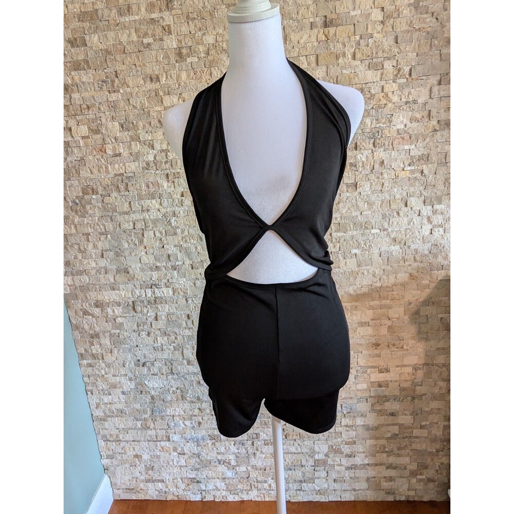 Black Cut Out Backless Halter Sporty Shorts Romper Sexy Gym Outfit Yoga Sz Med
